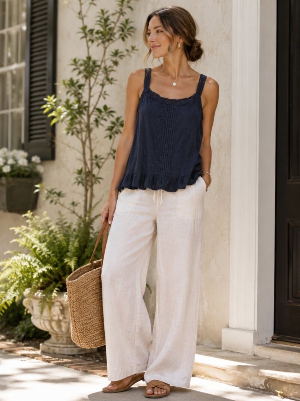 WRAP London blue cotton embroidered dark blue tank top